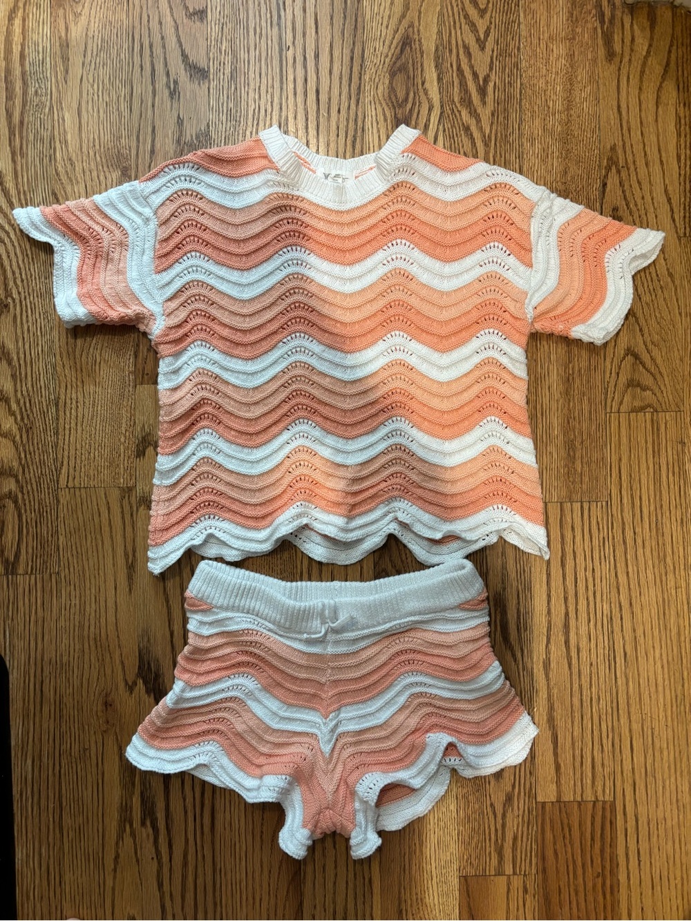 Girls Crochet Knit Wavy Stripe Shorts Set, Jessica Simpson orange & white